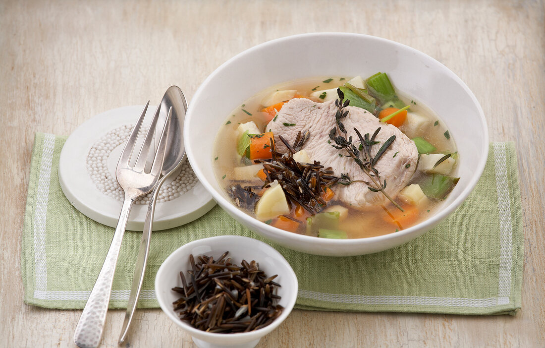Turkey breast and wild rice in vegetable soup