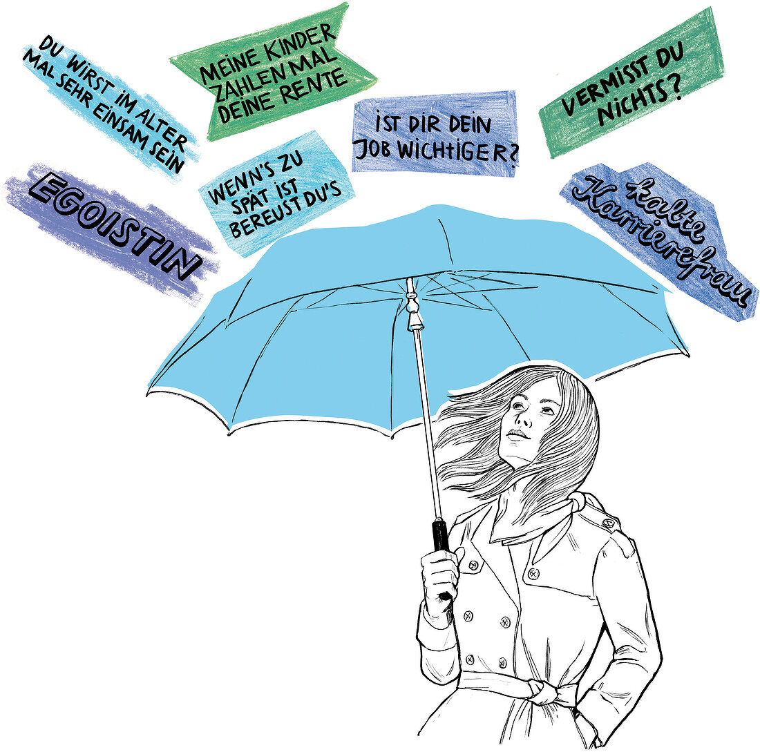 Illustration, Frau, Mantel, Schirm, Regenschirm, kinderlos, Familie