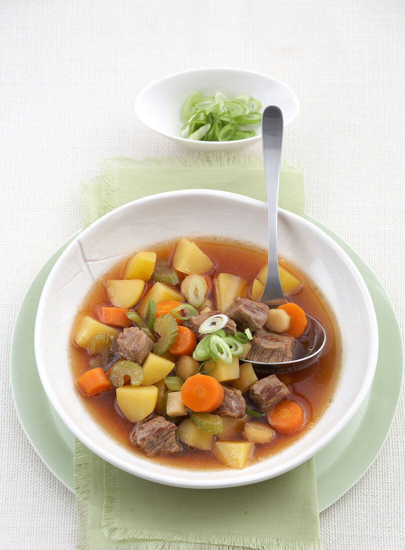 Veal with vegetable soup in bowl