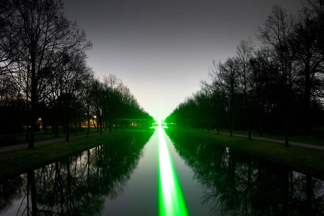 View of landscape with green trail light at Kassel, Hesse, Germany