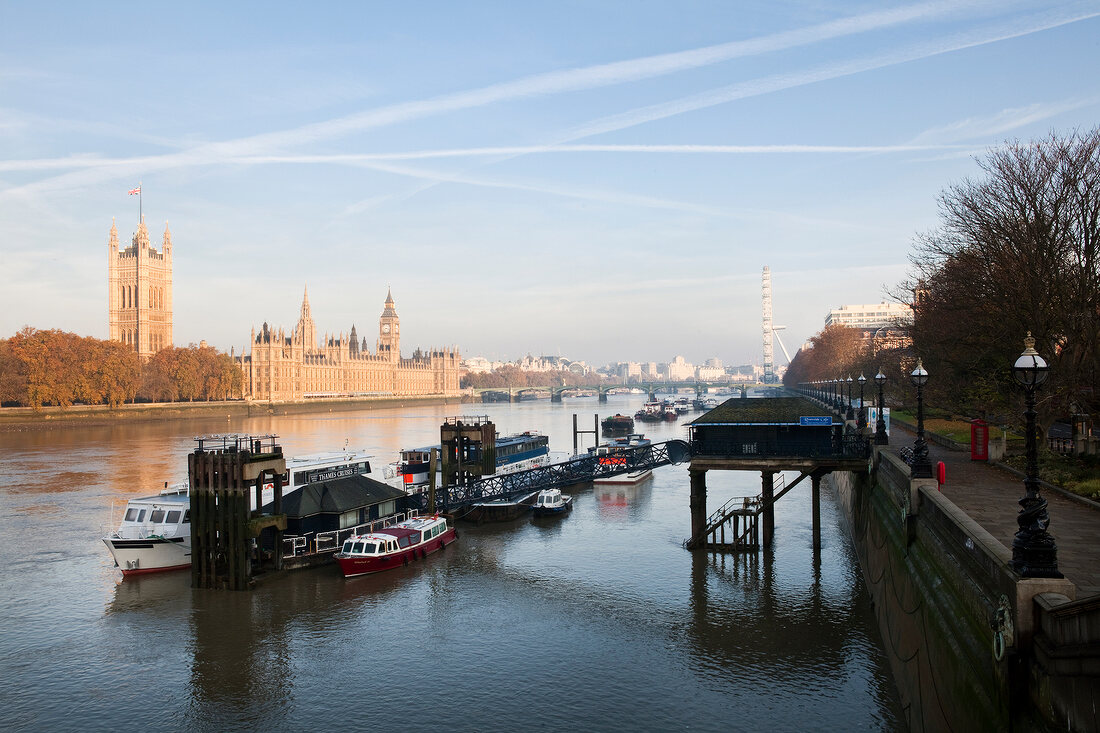 View of palace of Westminster, Big Ben and river Thames, London, UK