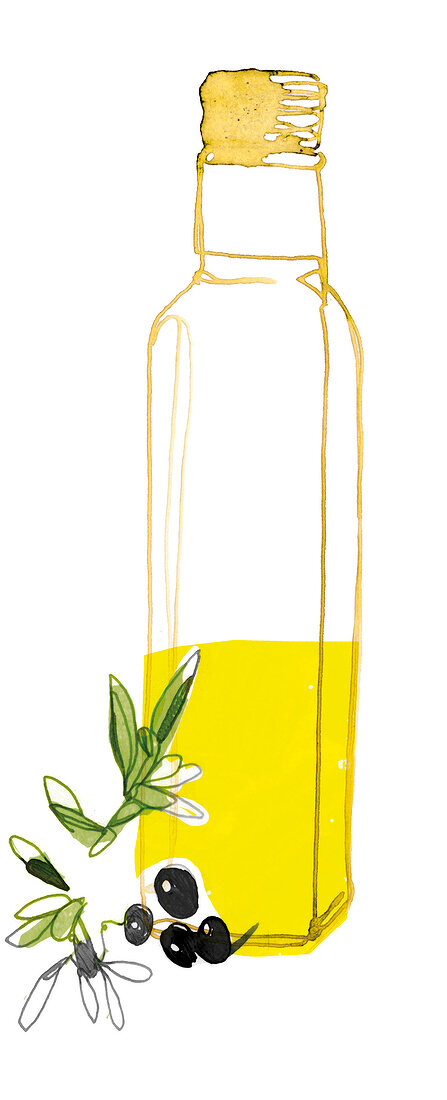 Illustration, Flasche, Öl, Olivenöl, Oliven, gelb, Ölflasche