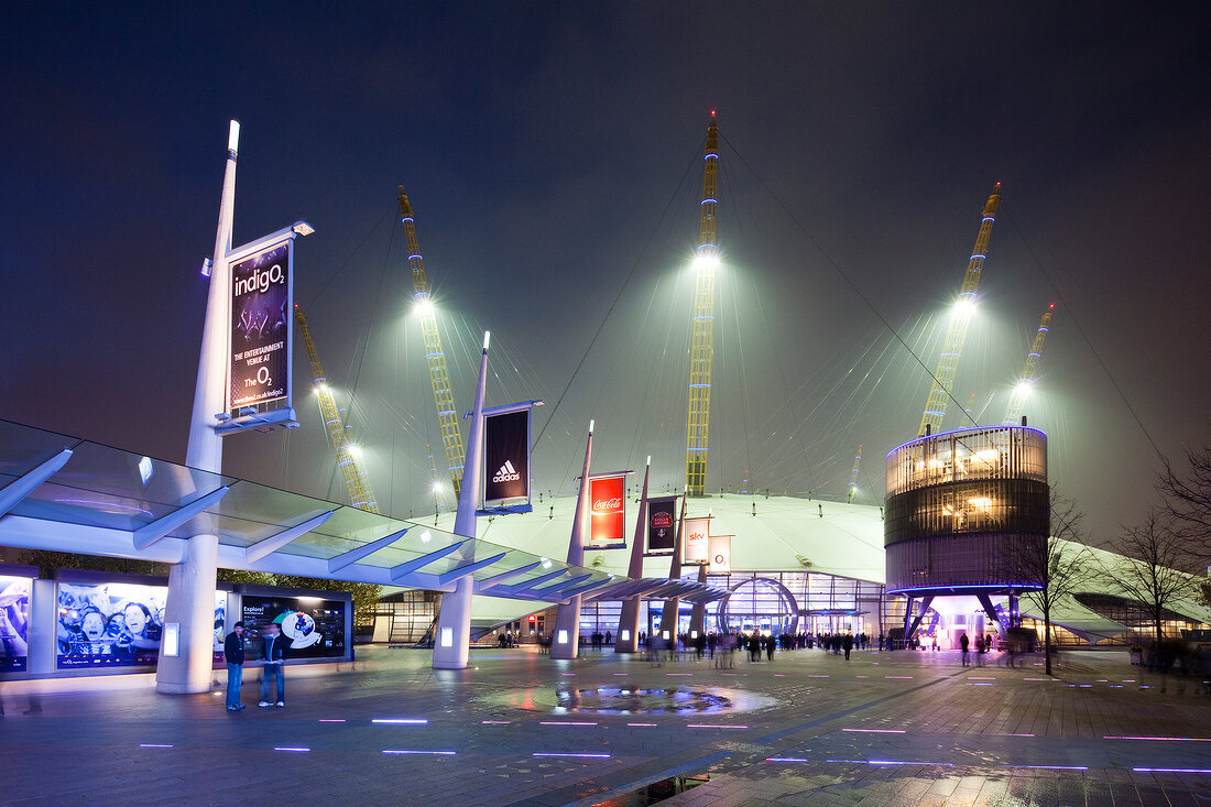 View of O2 Arena and Millennium Dome at night, London, UK