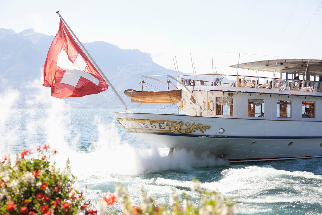 Boat at lake Geneva, Vevey, Riviera-Pays-d'Enhaut, Canton of Vaud, Switzerland
