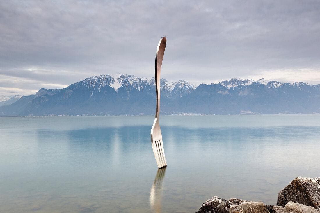 Fork standing in between lake Geneva, Riviera-Pays-d'Enhaut, Vevey, Switzerland