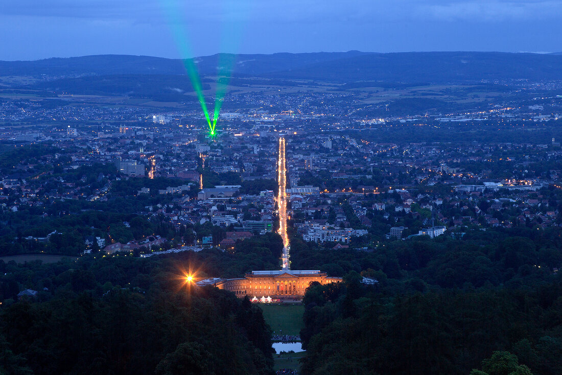 Illuminated view of laserscape of Wilhelm height Hesse, Kassel Germany