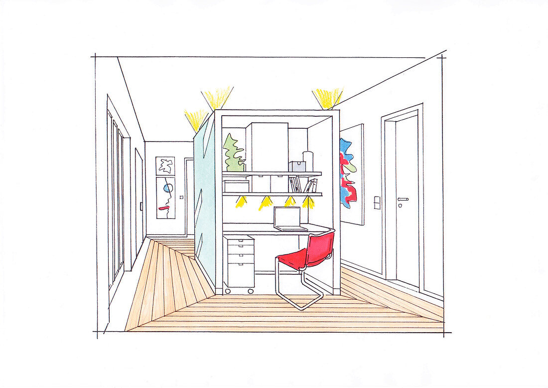 Illustration of study in centre of a room