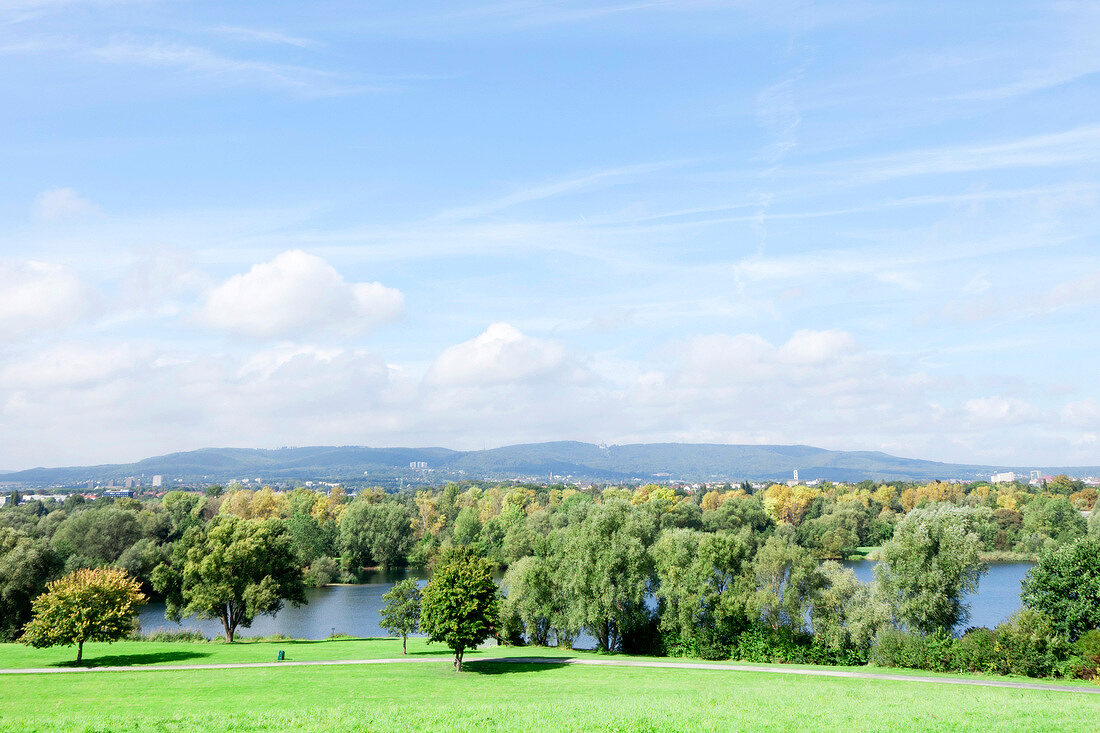 View of Fuldaaue and BUGA lake at Kassel, Hesse, Germany