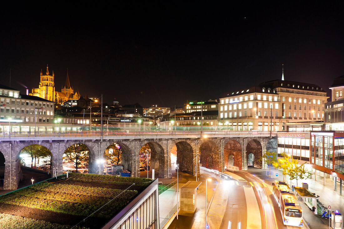 Illuminated view of bridge Europe, Grand-Pont, Lausanne, Switzerland