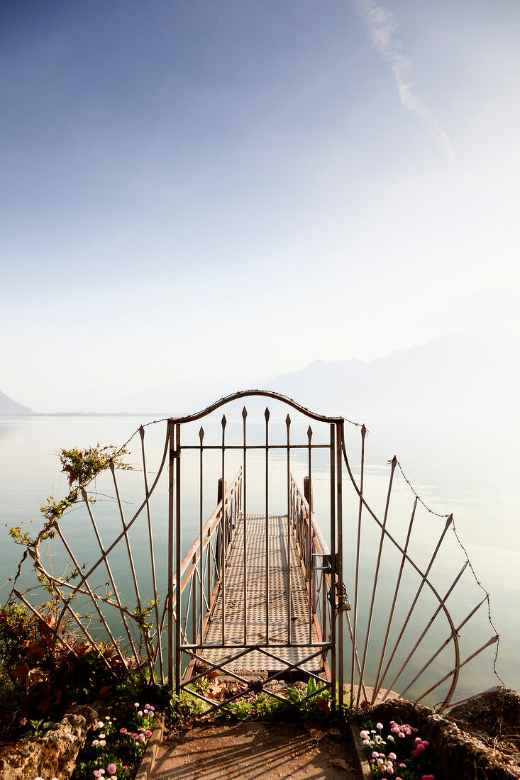 View of Lake Geneva from Montreux, Riviera-Pays-d'Enhaut, Canton of Vaud, Switzerland