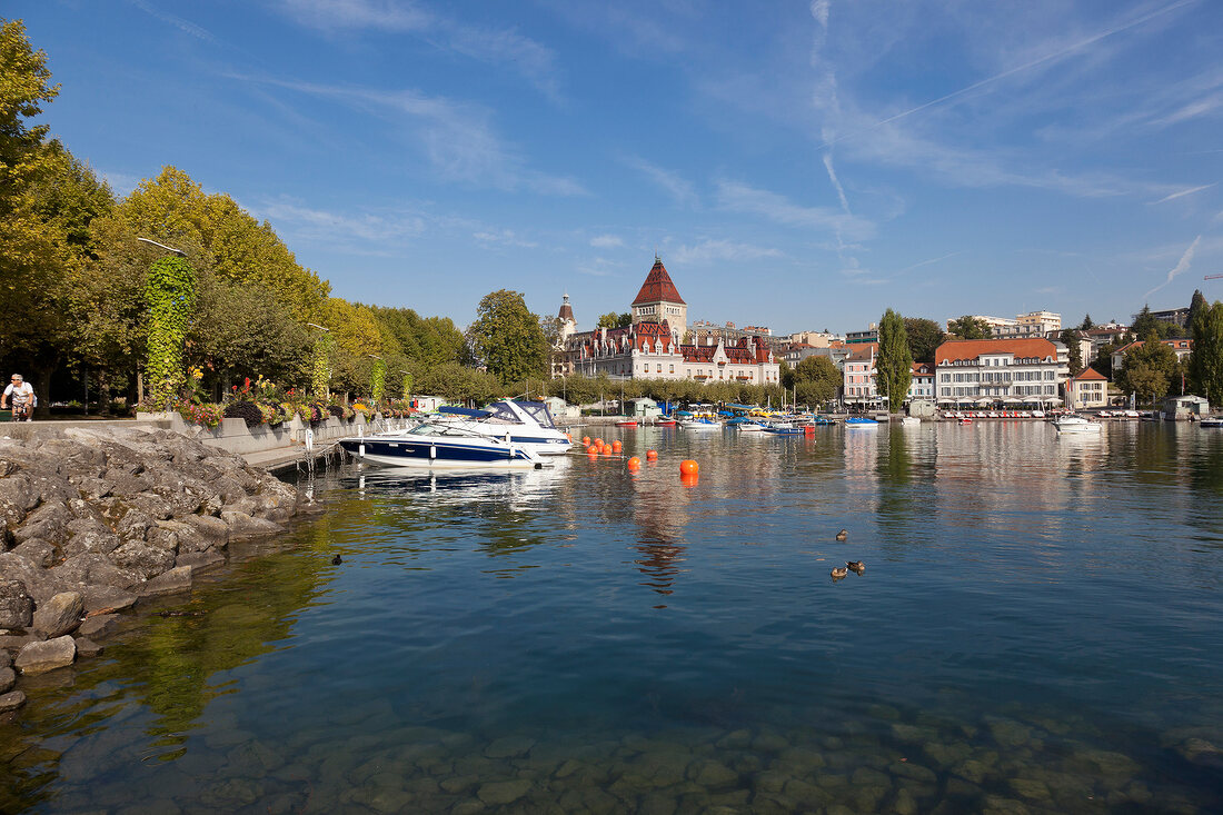 View of Ouchy Castle Hotel on Lake Geneva, Geneva, Lausanne, Switzerland