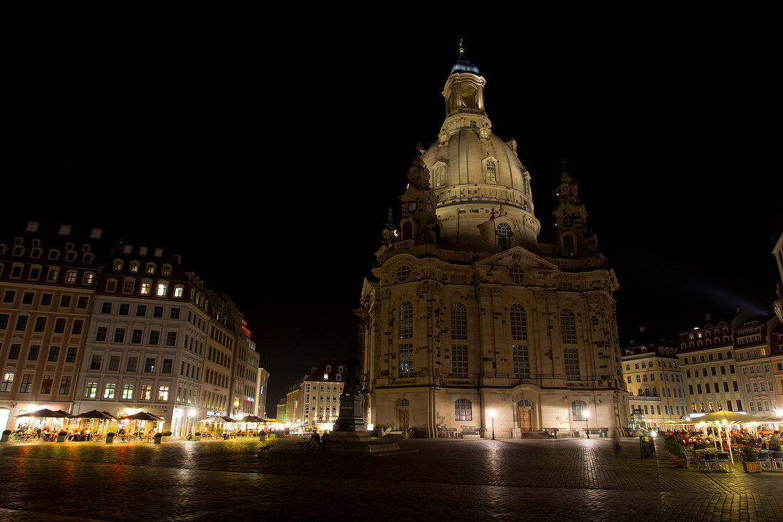 Sacred architecture of Frauenkirche at night on Neumarkt square in Dresden, Germany