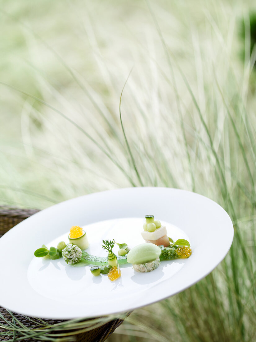 Close-up of char cucumber on white plate