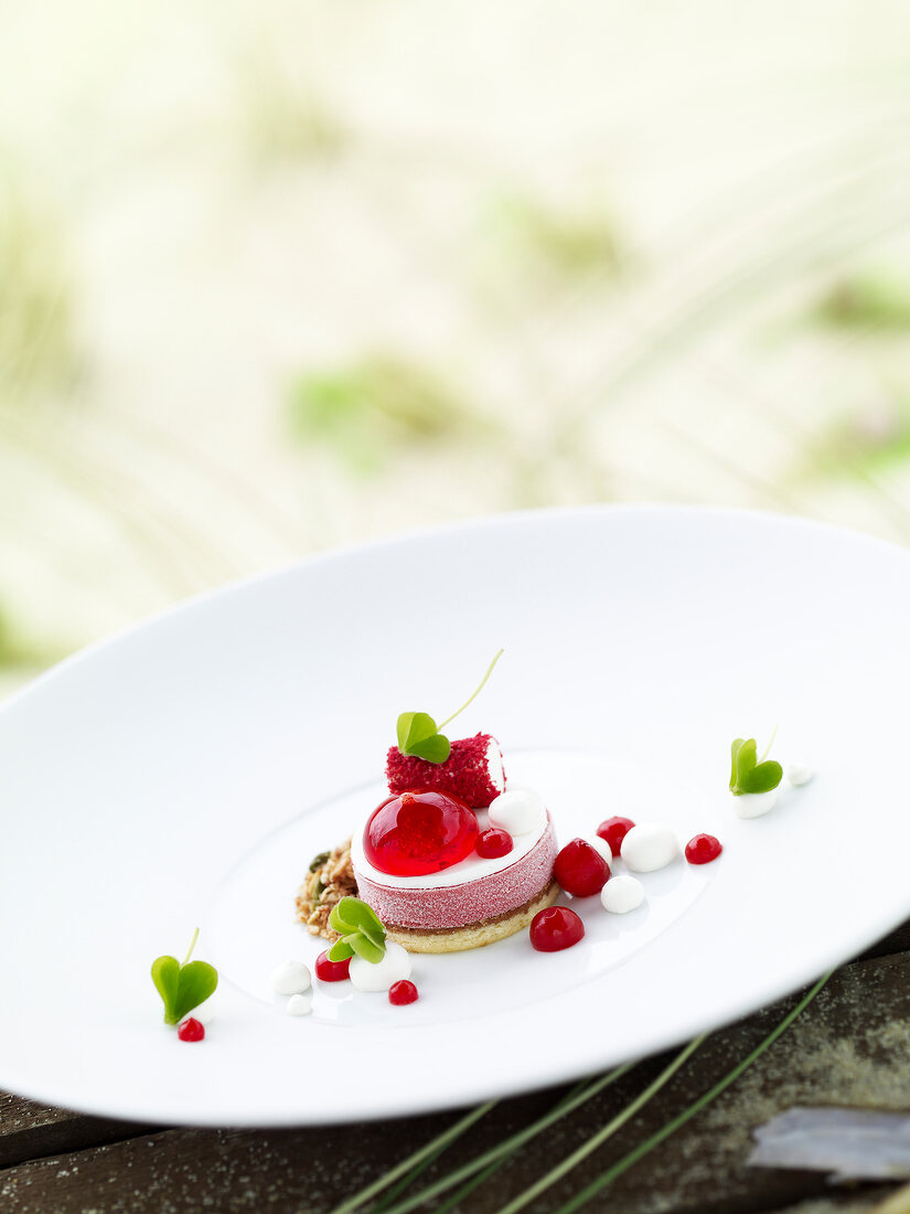 Close-up of strawberry dessert with cereal clover on plate