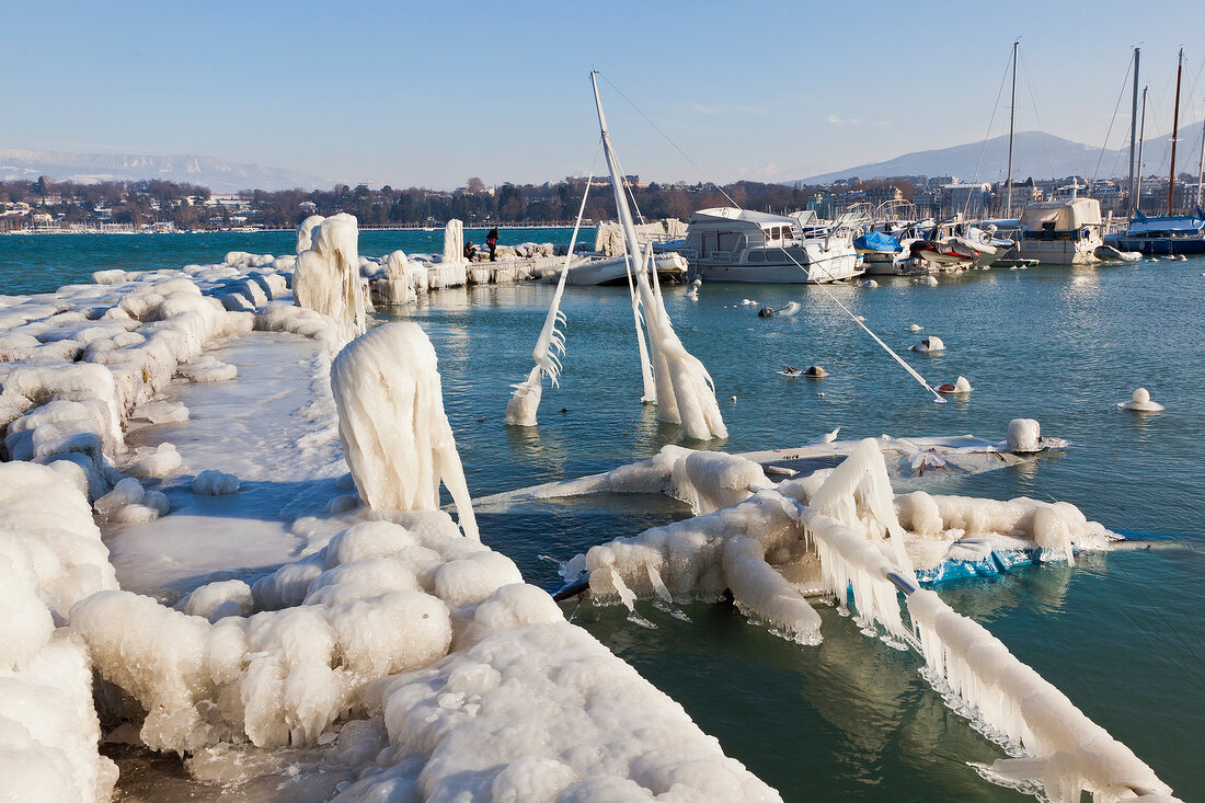 View of harbor with ice in Lake Geneva, Geneva, Switzerland