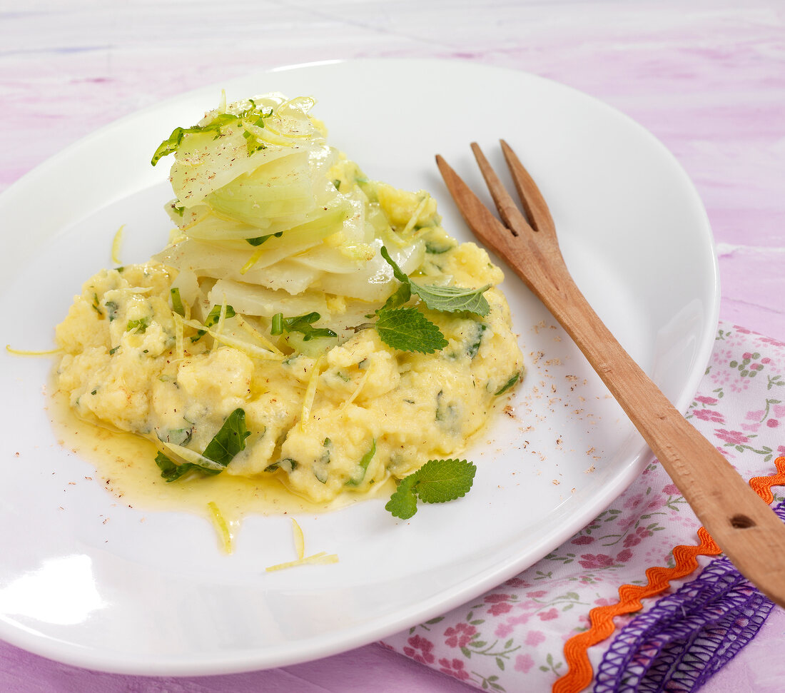 Cheese and herb polenta with kohlrabi on plate