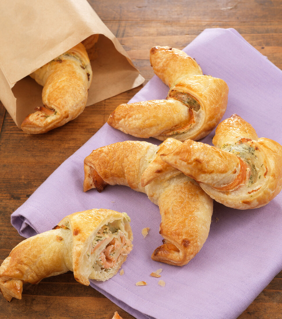 Salmon croissants on cloth