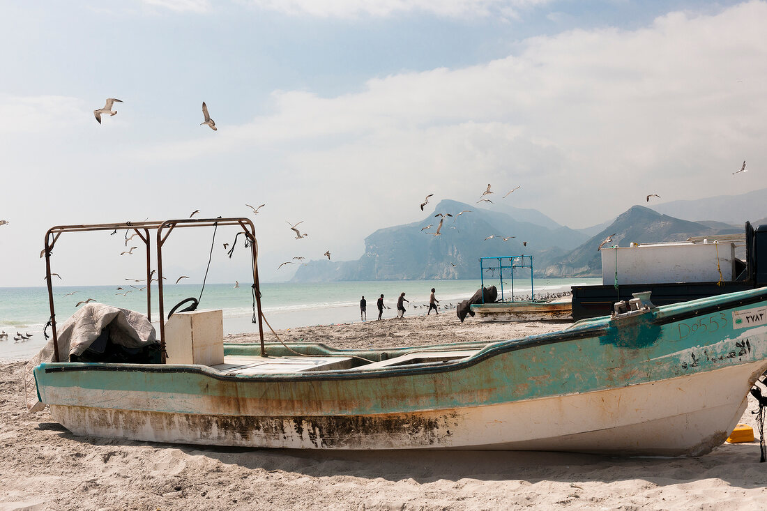 Maghsail Bay Beach, Fischerboot, am Strand, Möven, Oman, Salalah