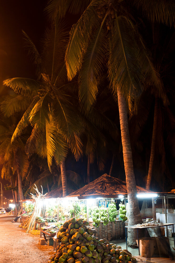 Fruit stalls under coconut tree at night in Salalah, Dhofar, Oman