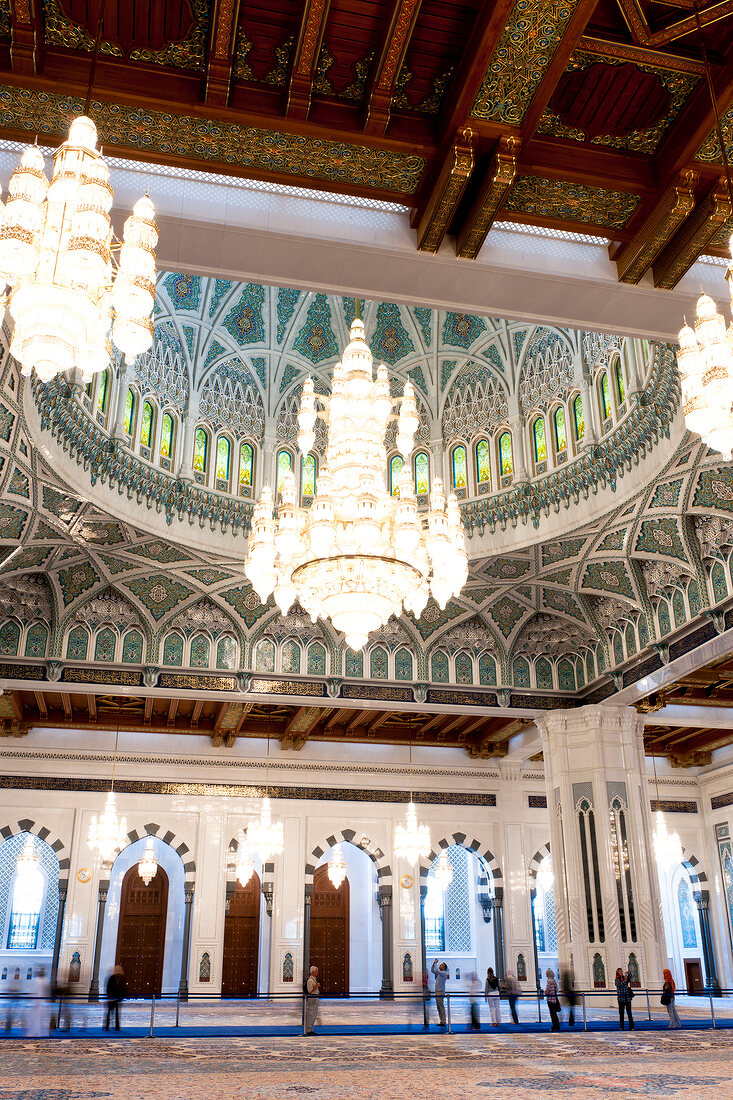 Interiors of Sultan Qaboos Grand Mosque with chandelier, Muscat, Oman