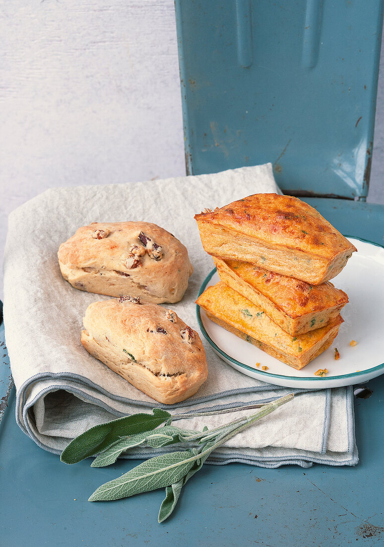 Pumpkin chilli cake and bacon sage cake on plate