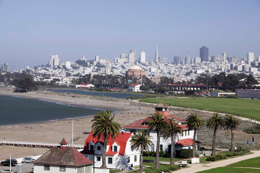 View of beach and cityscape of San Francisco, California