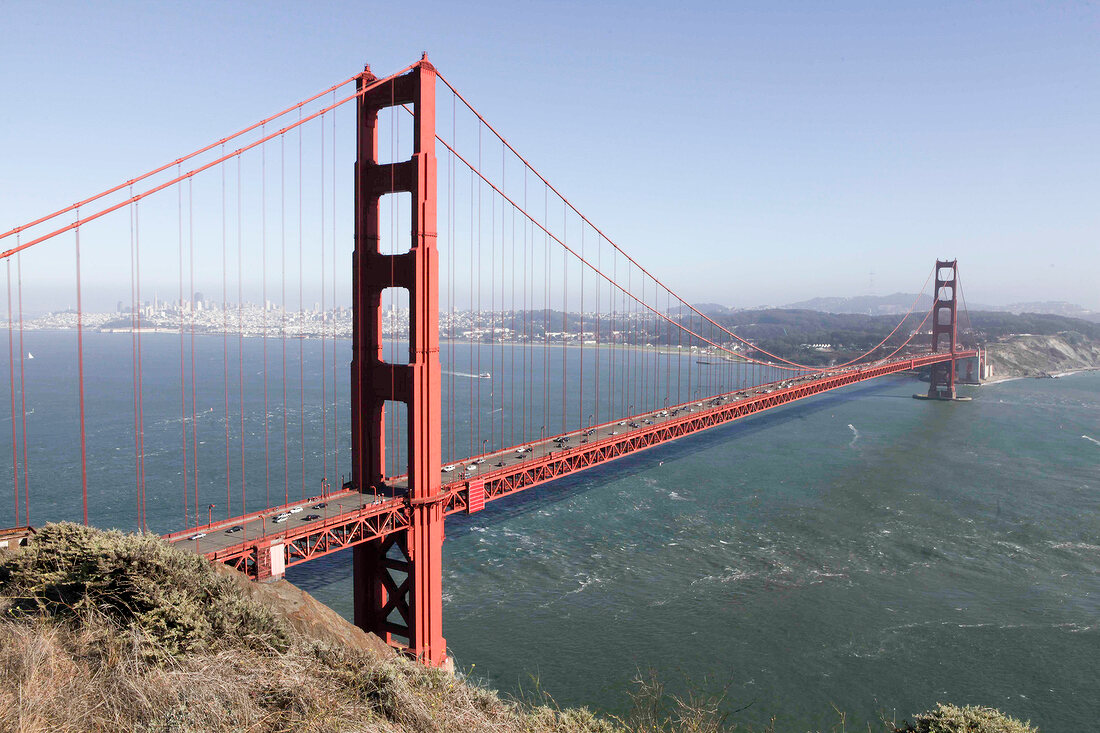 View of landscape with sea and Golden Gate Bridge in San Francisco, California, USA