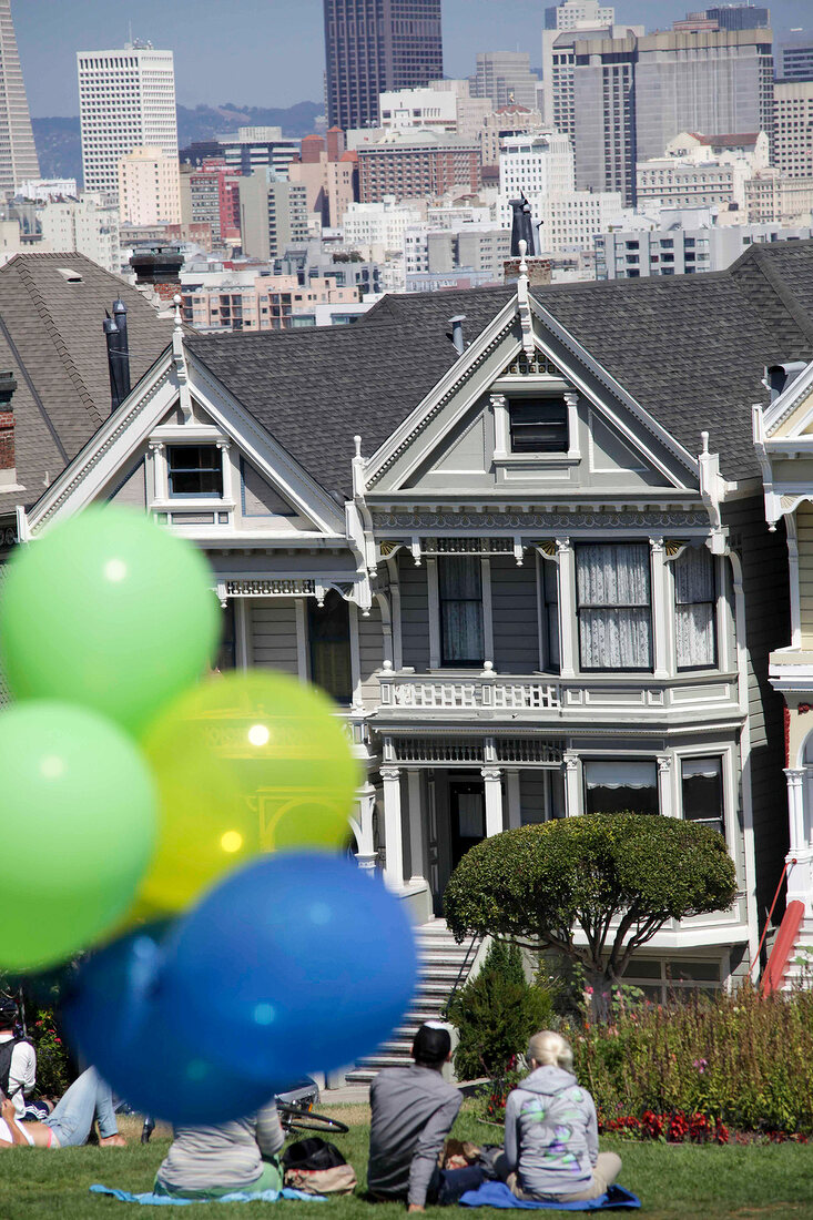 Wiese, Luftballons, Menschen, Häuser, San Francisco