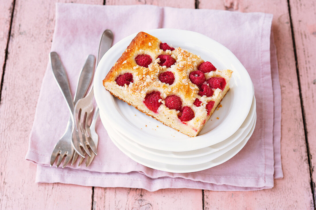 Raspberry almond cake on plate