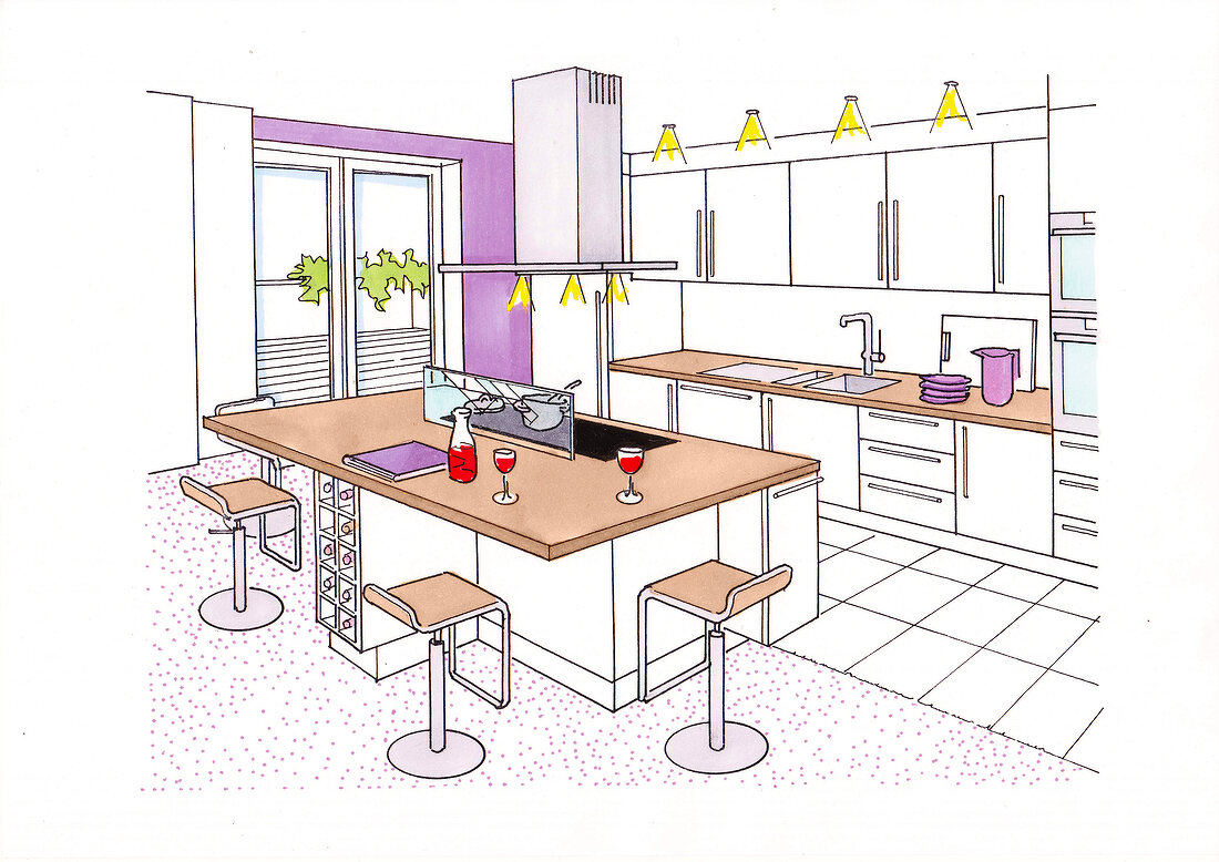 Illustration of kitchen with kitchen island as dining table