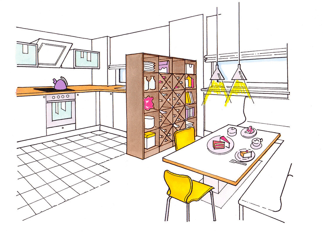Illustration of kitchen and dining table