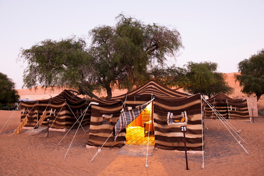 View of tents at 1000 Nights Camp in Wahiba Sands, Oman