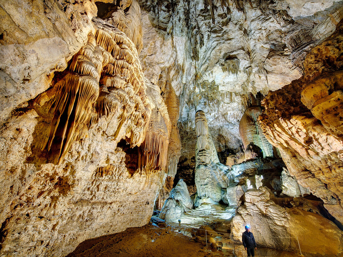Person at Grotta su Marmuri, Ulassai, Ogliastra province, Sardinia, Italy