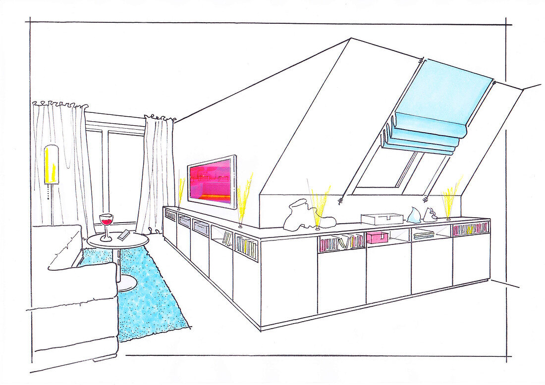 Illustration of attic with cabinet in living room