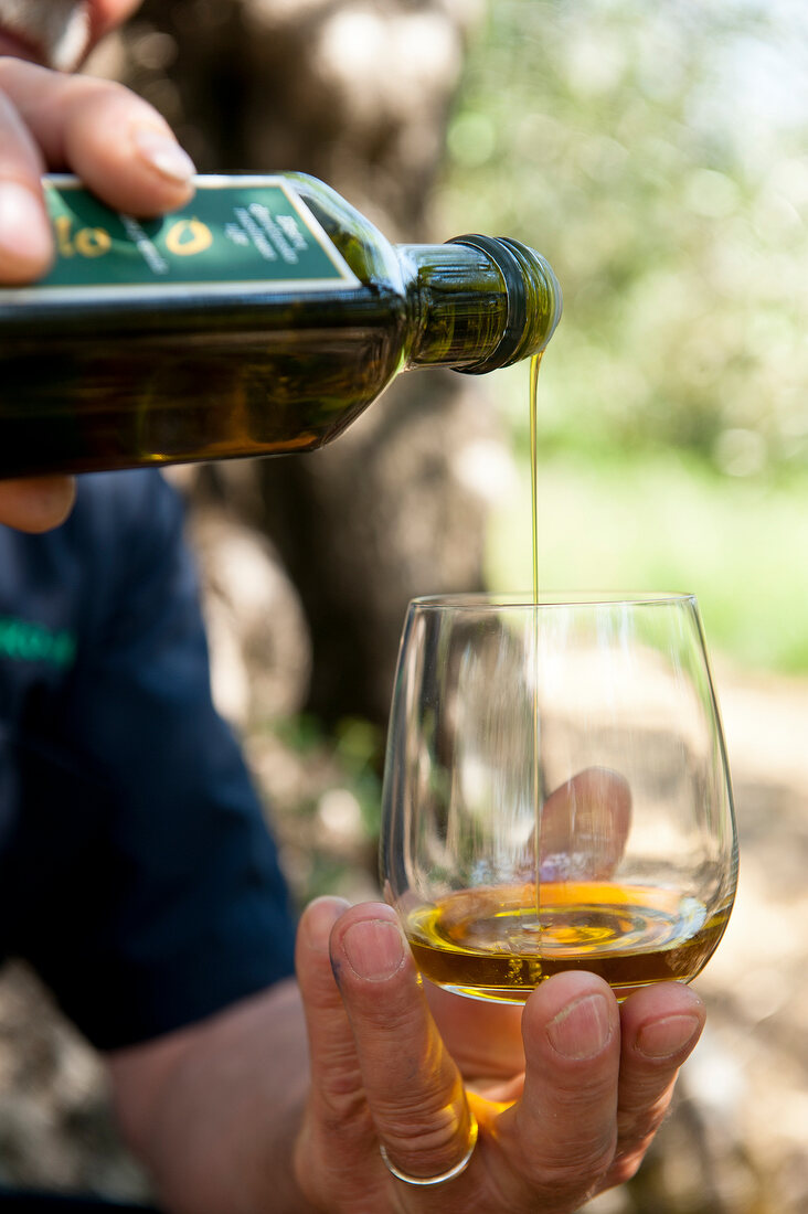 Olive oil being poured in glass, Istria, Croatia