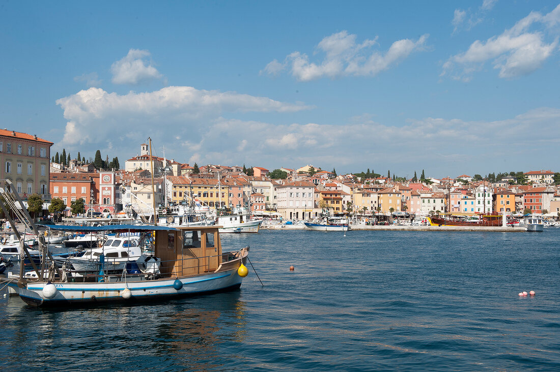View of Rovinj, harbor and sea in Istria, Croatia