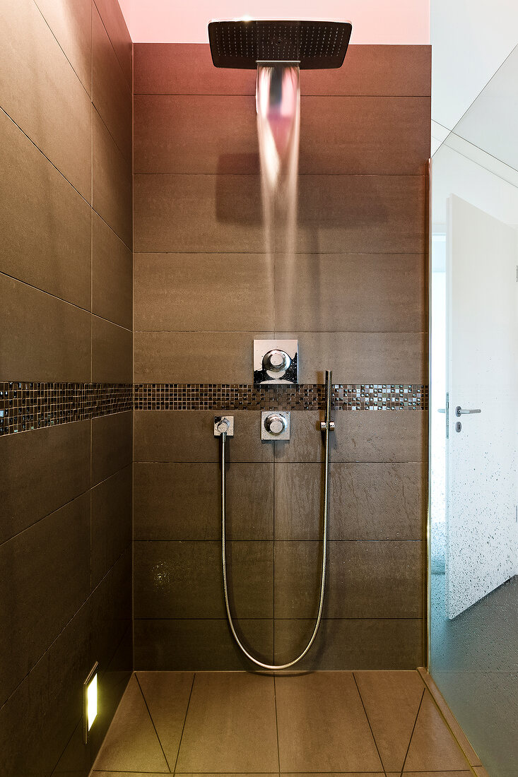 Head shower and water jet in brown tiled bathroom