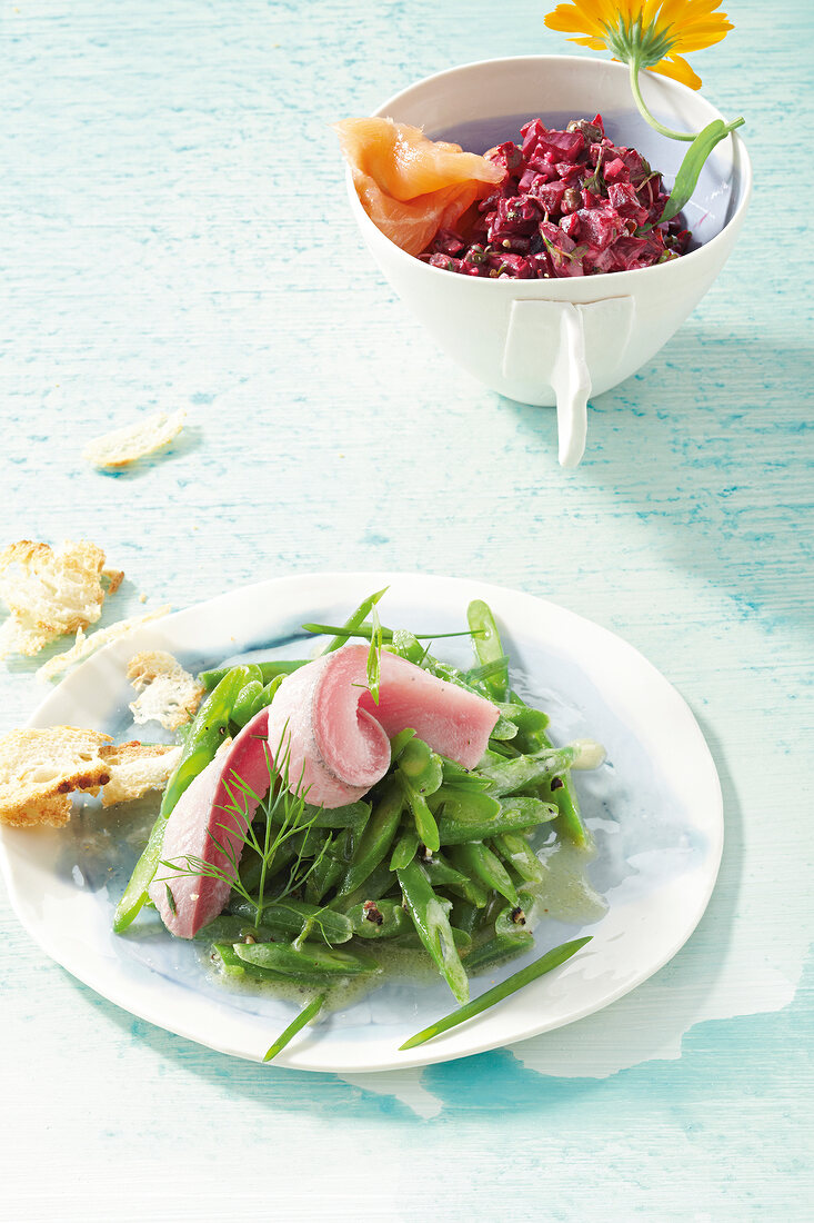 Schnippelbohnensalat mit Matjes, Rote-Bete-Tatar mit Räucherlachs