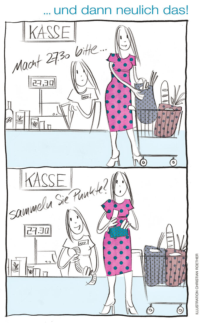 Cartoon, Einkauf, Punkte, sammeln, Frauen, Supermarkt