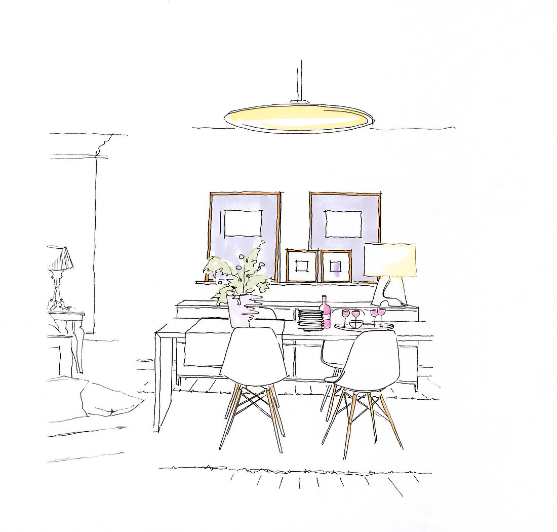 Illustration of dining room with table, chairs and chandelier