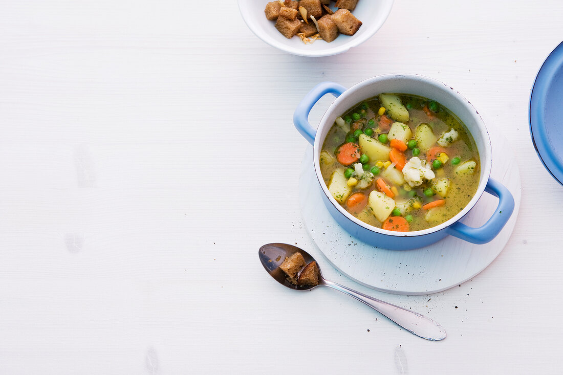 Vegetable stew with croutons in pot