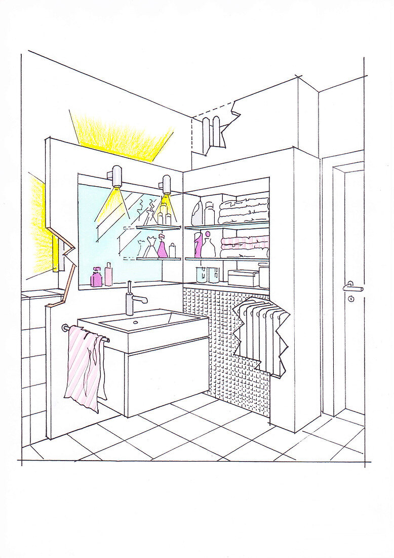 Illustration of bathroom with mirror over sink and cabinet