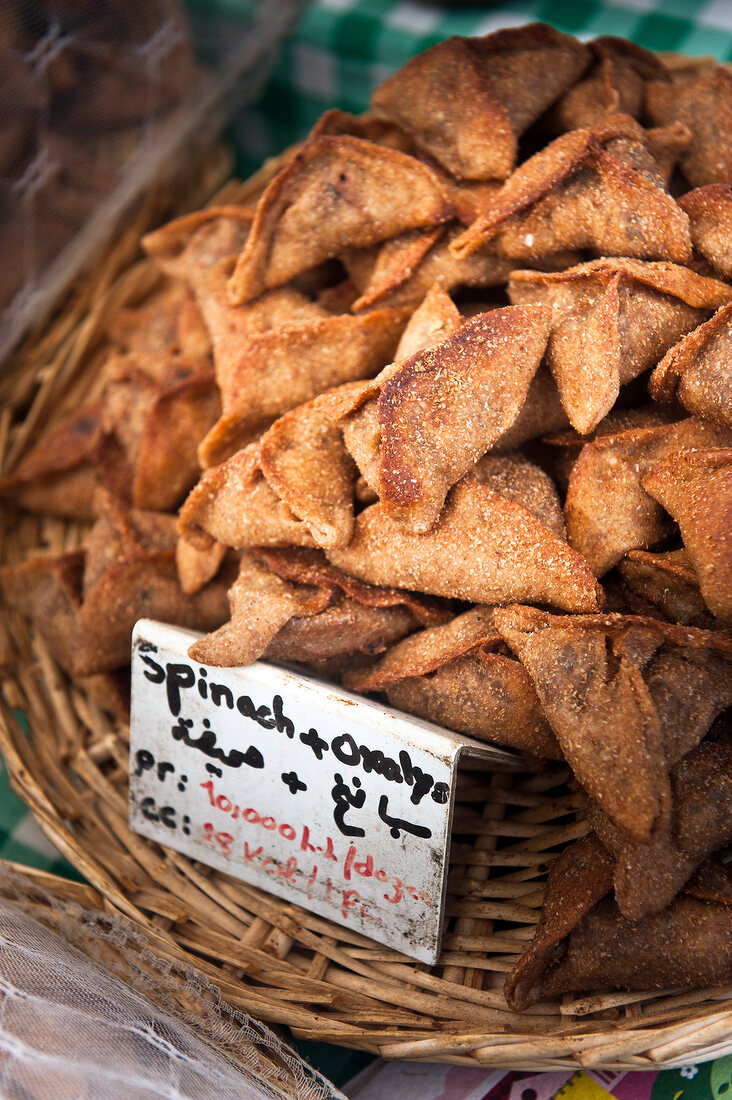 Close-up of basket of snacks in Souk El Tayeb organic market, Beirut, Lebanon