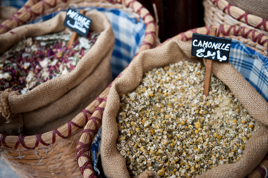 Sack of dried camomile in Souk El Tayeb organic market, Beirut, Lebanon