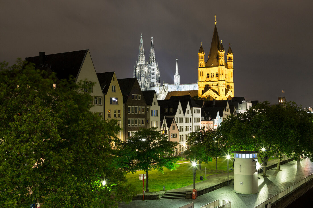 Köln, Rhein, Groß St. Marin, Kölner Dom, bei Nacht, Lichter