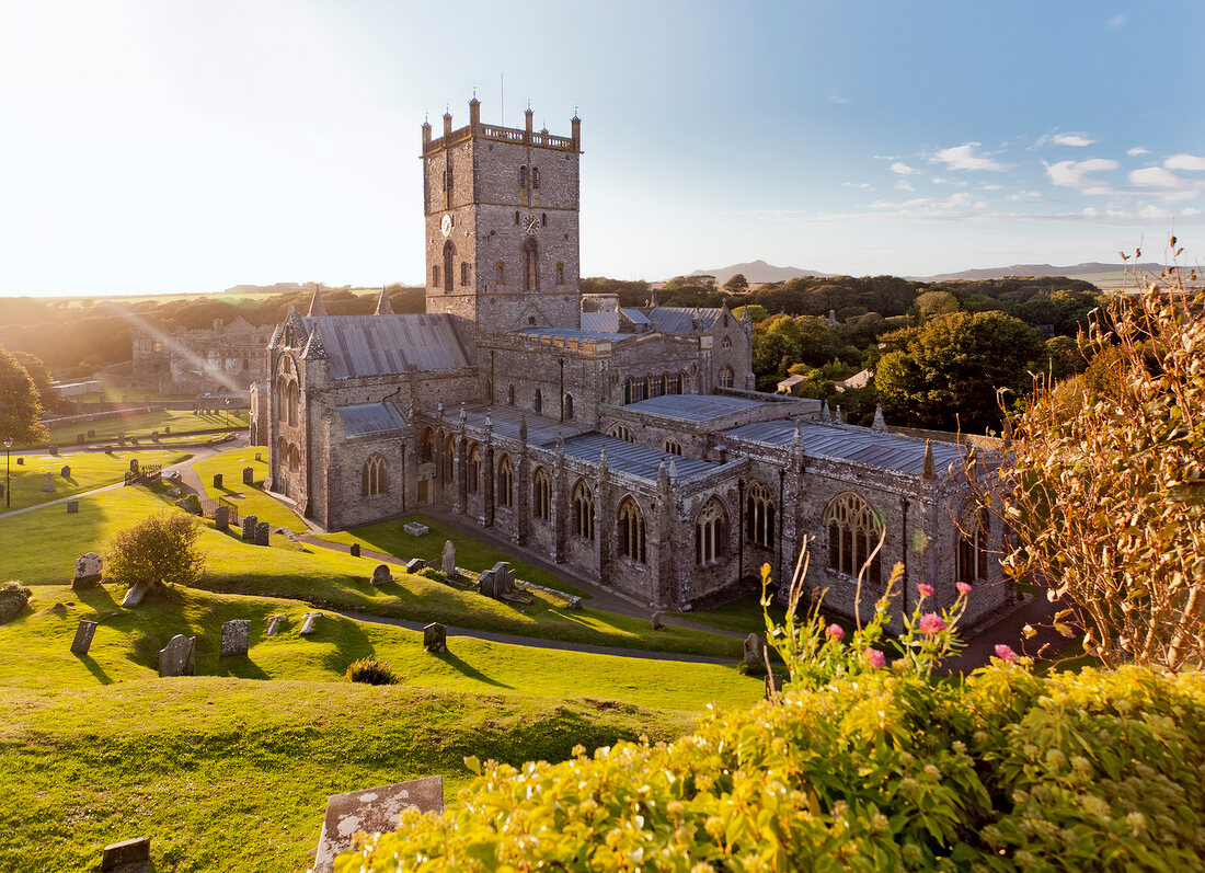Elevated view of St David's cathedral in Pembrokeshire, Wales, UK