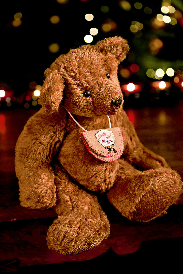Teddybär, mit kleinem Brustbeutel aus Veloursleder und  Applikation