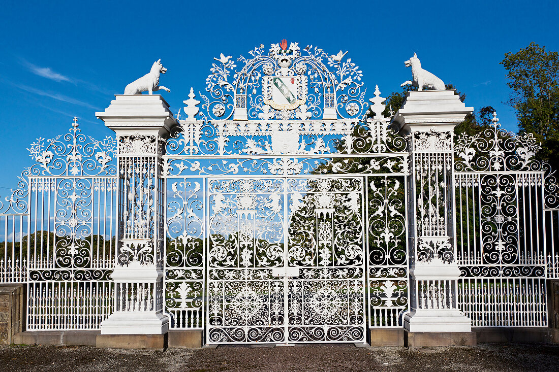 White gate of Chirk castle, Chirk, Wrexham, Wales, UK