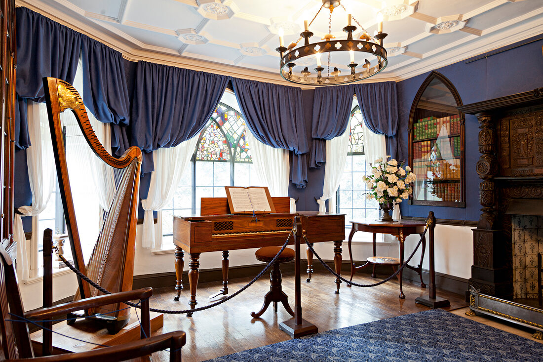 Piano and harp in Plas Newydd Museum, Llangollen, Denbighshire, Wales, UK