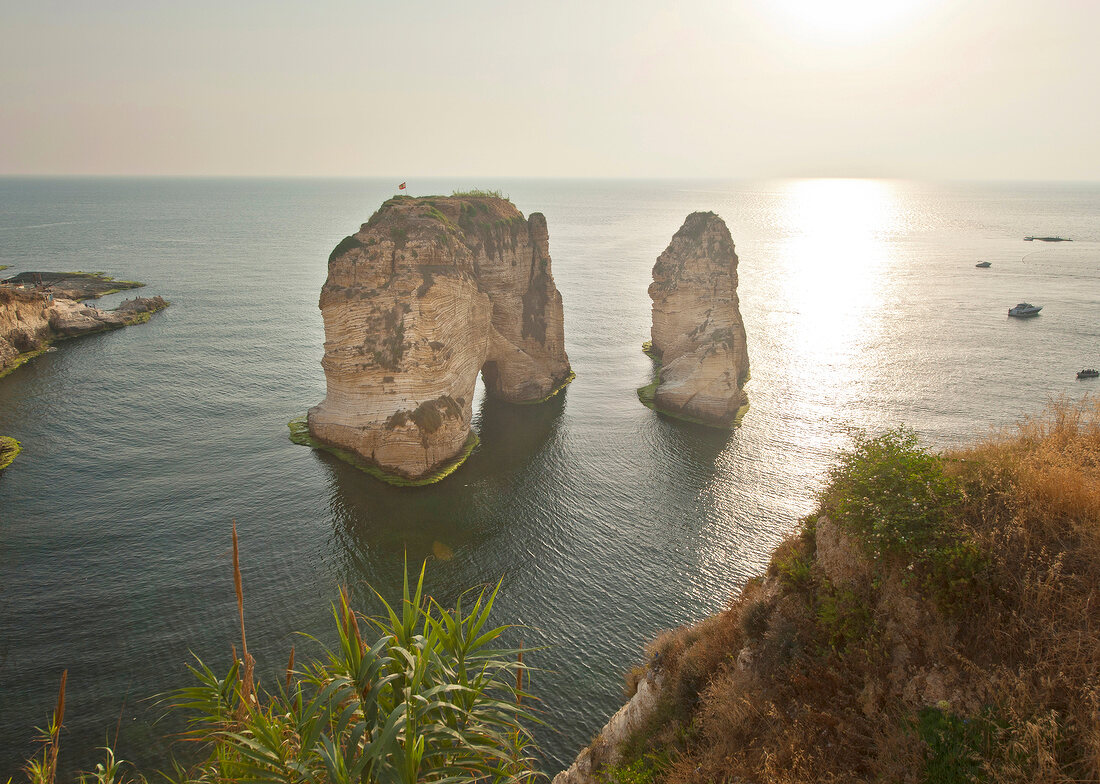 Elevated view of Pigeon Rock in bay, Beirut, Lebanon
